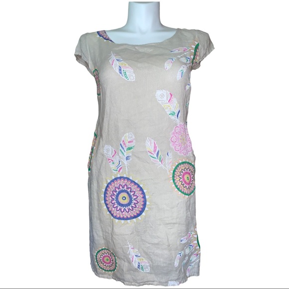 Made in Italy Linen Dress Tan Boho Print Cap Sleeve Pocket Tunic M/L - Picture 9 of 16